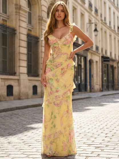 Yellow Floral V-Neck Ruffled A-Line Chiffon Prom Dress