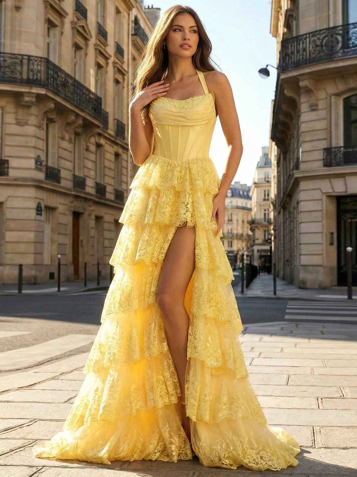 Yellow Halter Neck Lace Tiered Corset Prom Dress with Slit