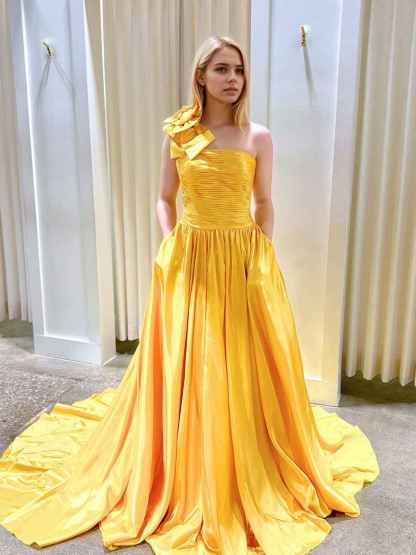 Yellow One-Shoulder 3D Flower Satin Prom Dress with Pockets