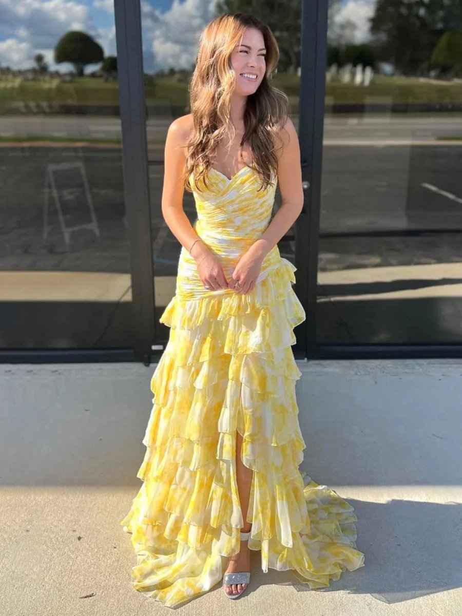 Yellow Print Mermaid Ruffled Tiered Prom Dress with Slit