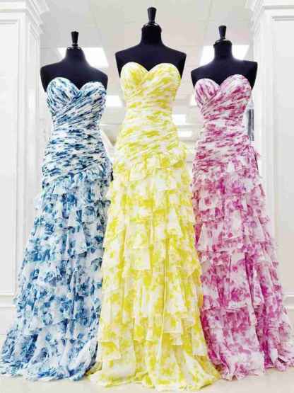 Yellow Print Mermaid Ruffled Tiered Prom Dress with Slit