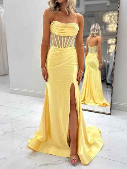 Yellow Satin Strapless Corset Prom Dress with Slit