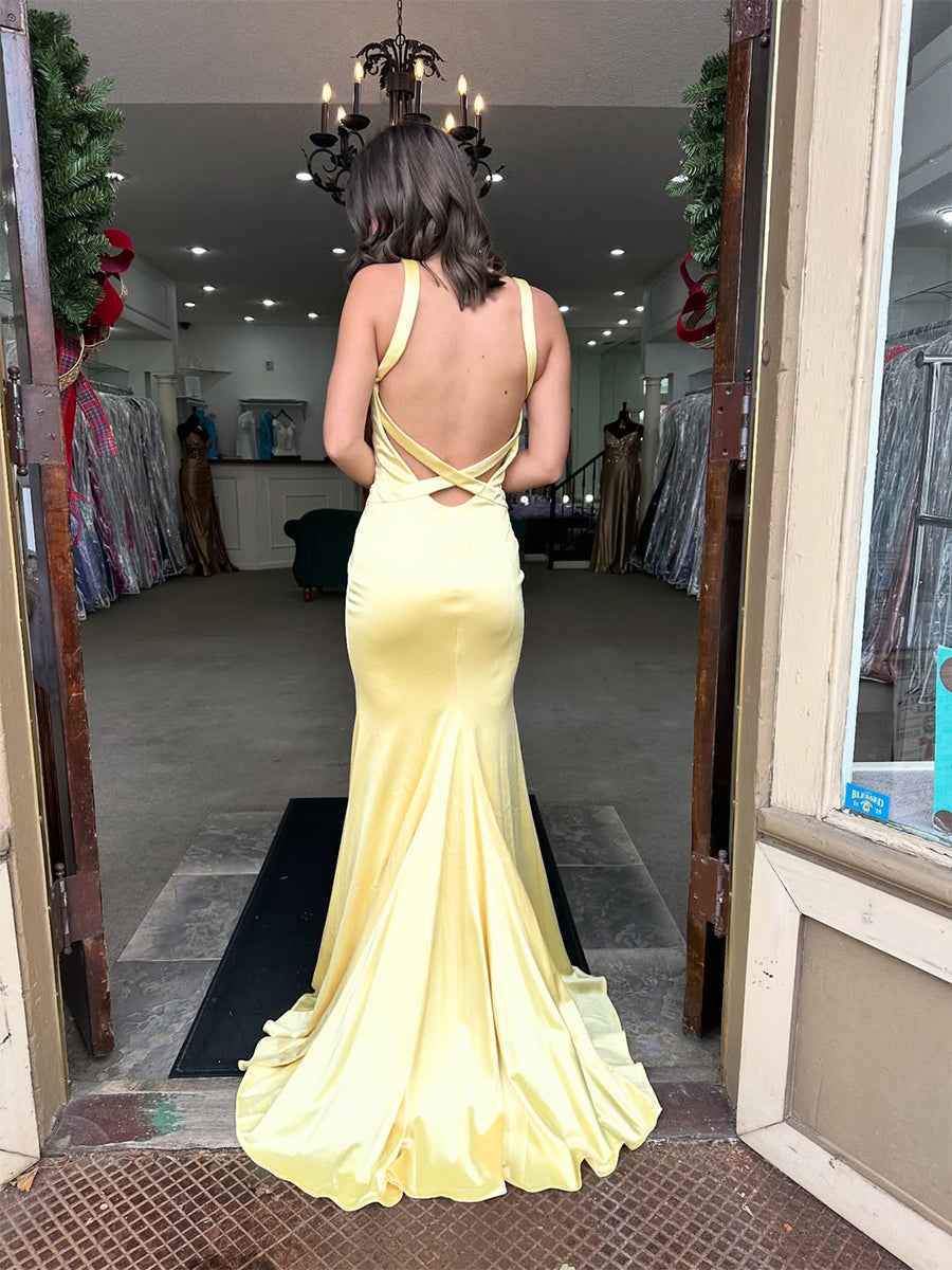 Yellow Satin V-Neck Mermaid Long Prom Dress
