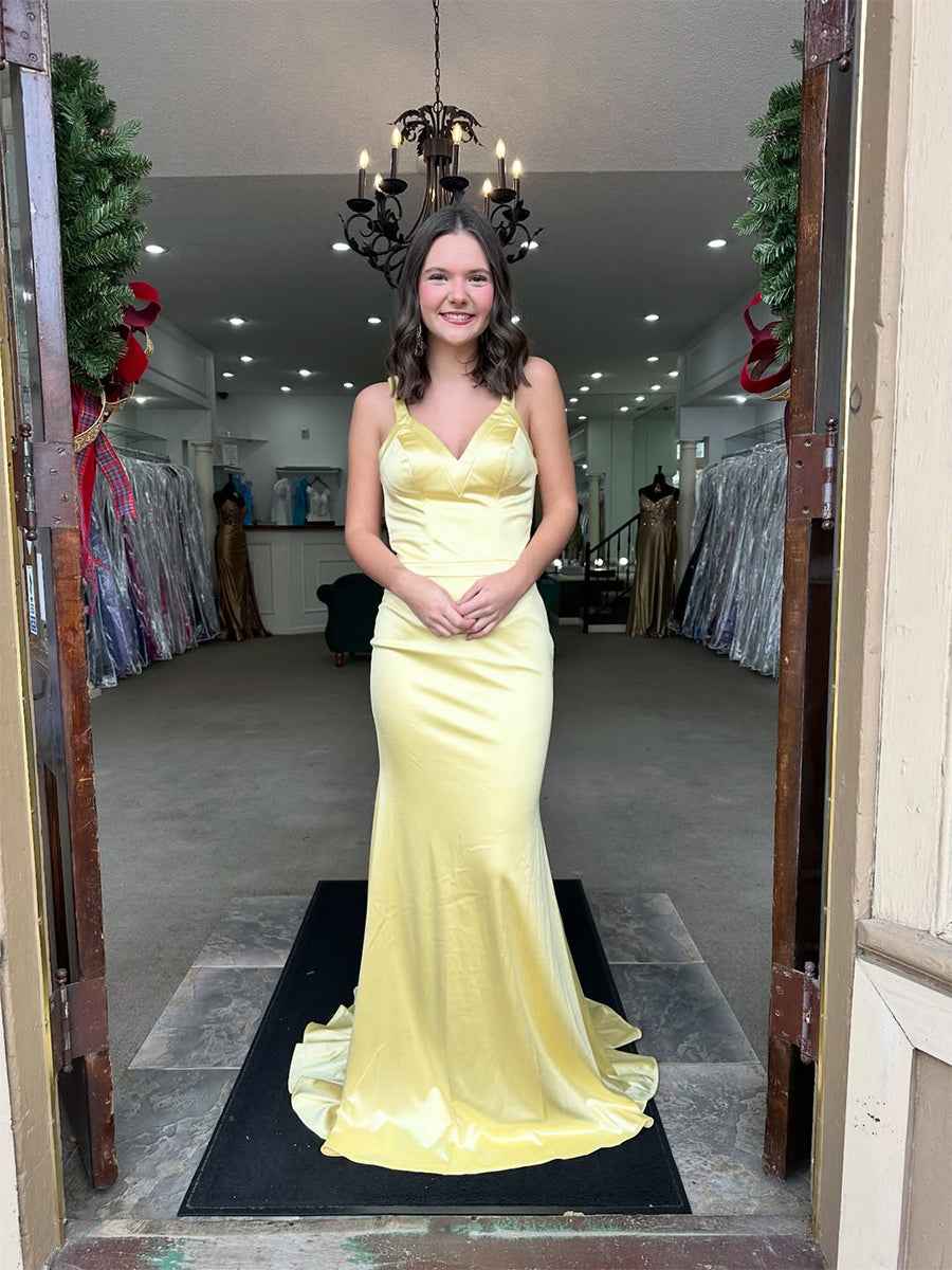 Yellow Satin V-Neck Mermaid Long Prom Dress