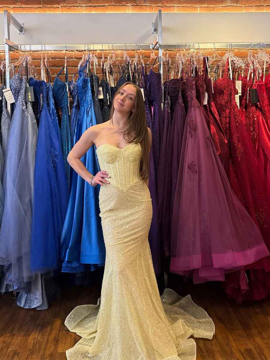 Yellow Sequin Strapless Sweetheart Mermaid Corset Prom Dress