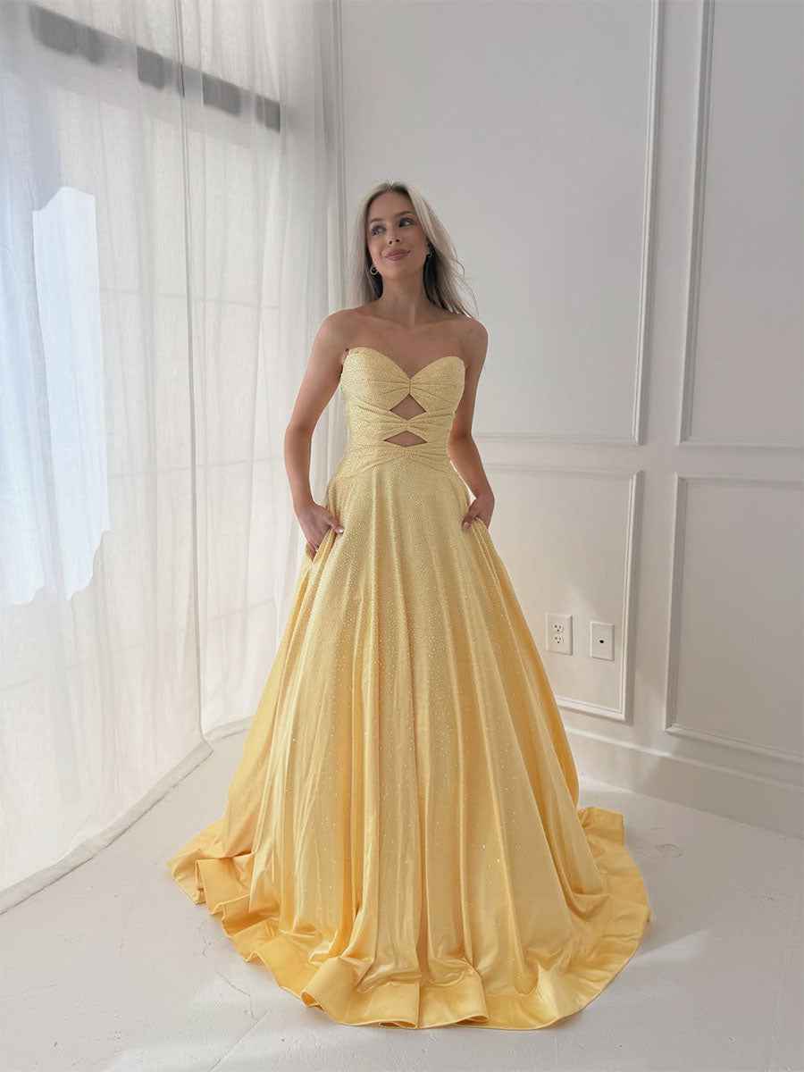 Yellow Shimmer A-Line Front Cutouts Prom Dress with Pockets