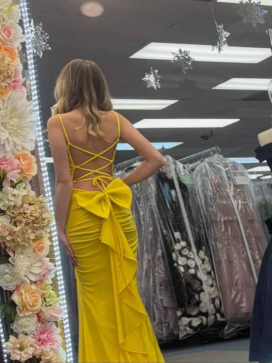 Yellow Spaghetti Strap Twisted Ruched Bodice Prom Dress with High Slit