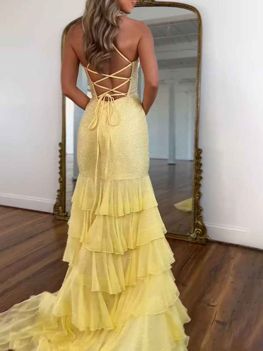 Yellow Sparkly Mermaid Tiered Ruffle Sequin Long Prom Dress