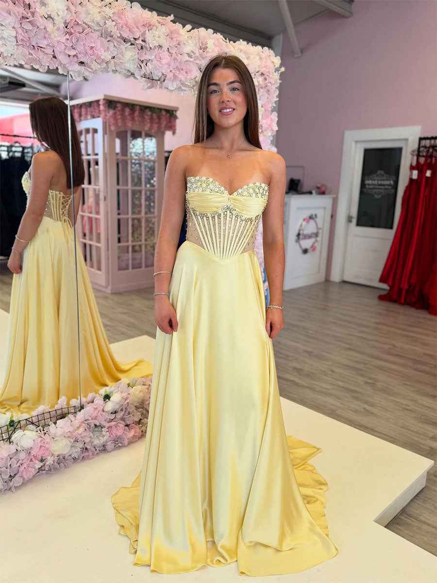 Yellow Strapless Beaded Corset Bodice Satin Prom Dress