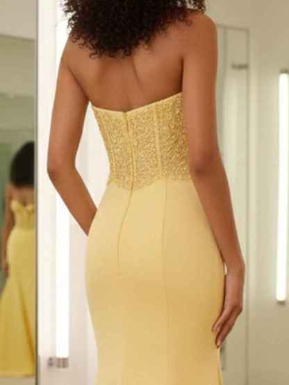 Yellow Strapless Beaded Corset Bow Prom Dress with High Slit