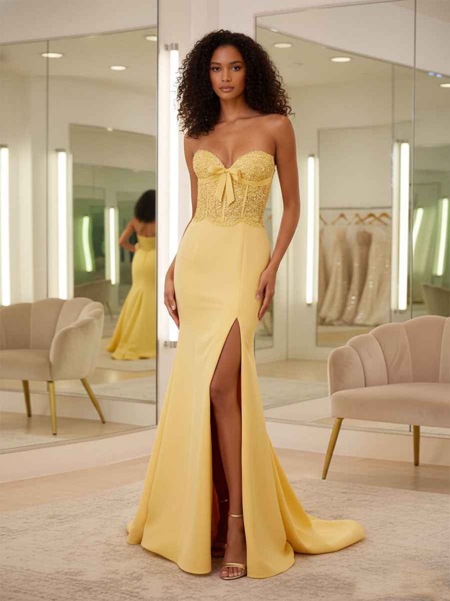 Yellow Strapless Beaded Corset Bow Prom Dress with High Slit