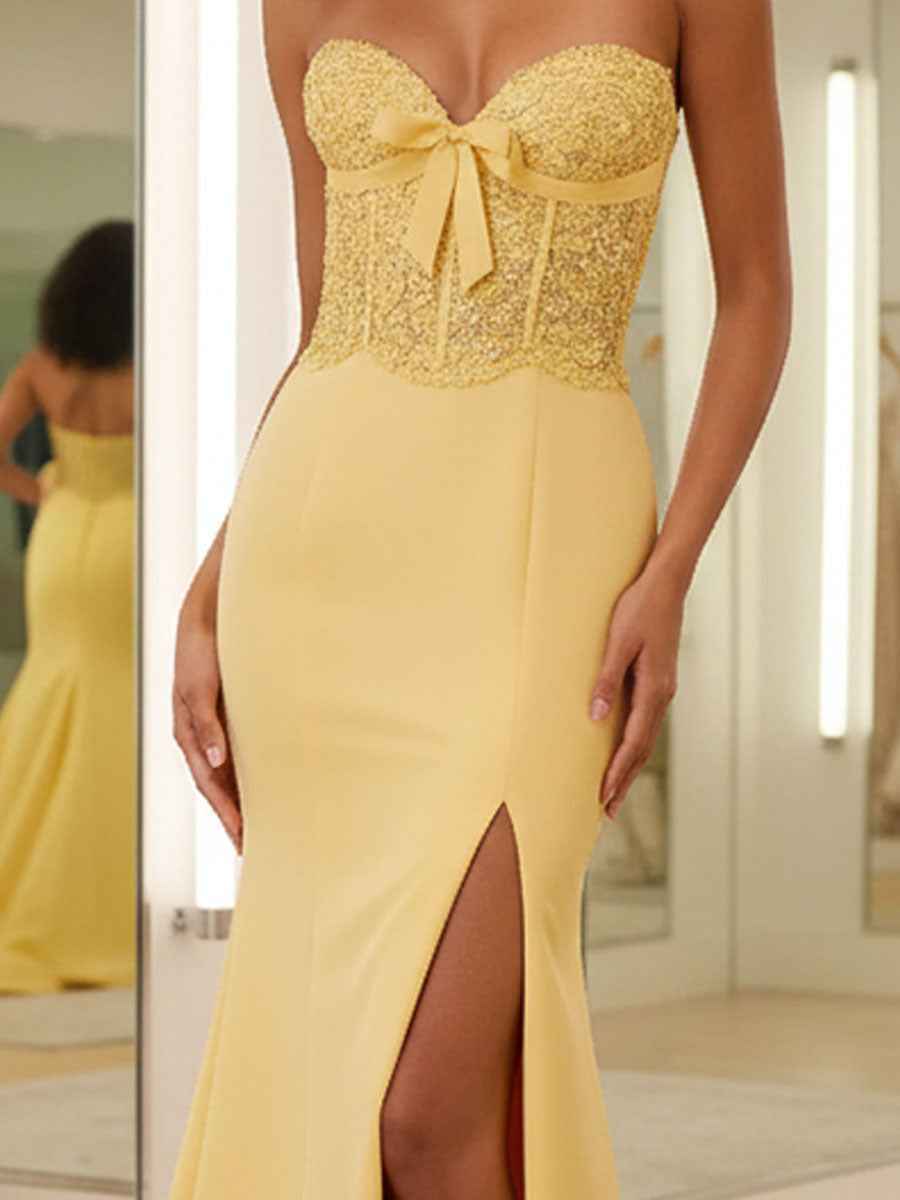 Yellow Strapless Beaded Corset Bow Prom Dress with High Slit