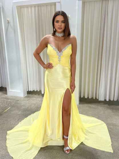 Yellow Strapless Crystal Plunge Neckline Satin Prom Dress with Slit