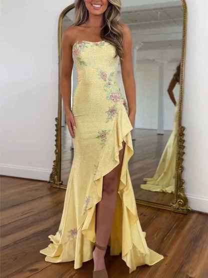Yellow Strapless Floral Rhinestone Prom Dress with Corset Back