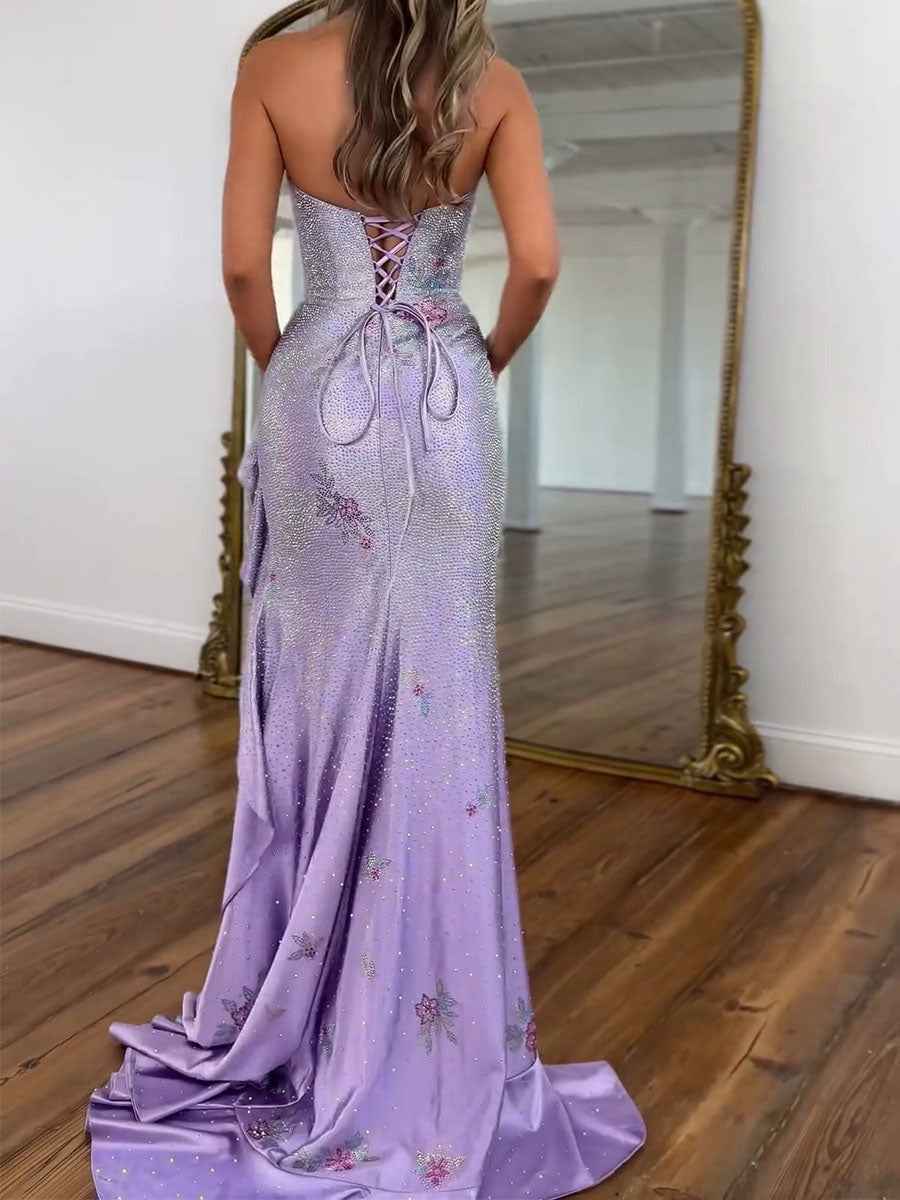 Yellow Strapless Floral Rhinestone Prom Dress with Corset Back