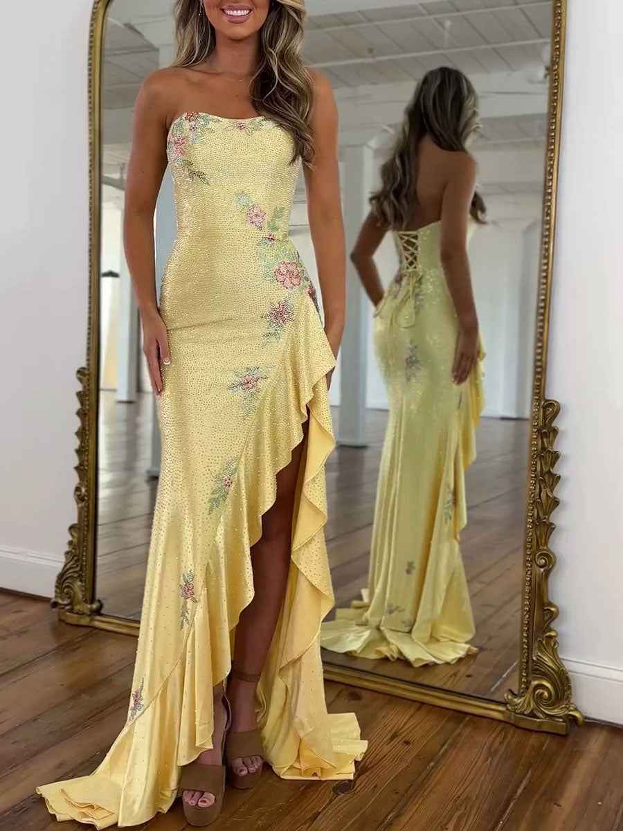 Yellow Strapless Floral Rhinestone Prom Dress with Corset Back - BMBRIDAL