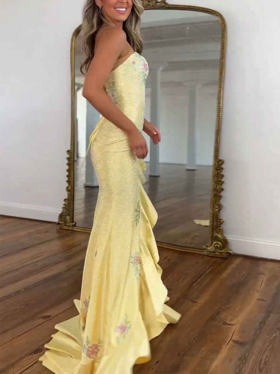 Yellow Strapless Floral Rhinestone Prom Dress with Corset Back