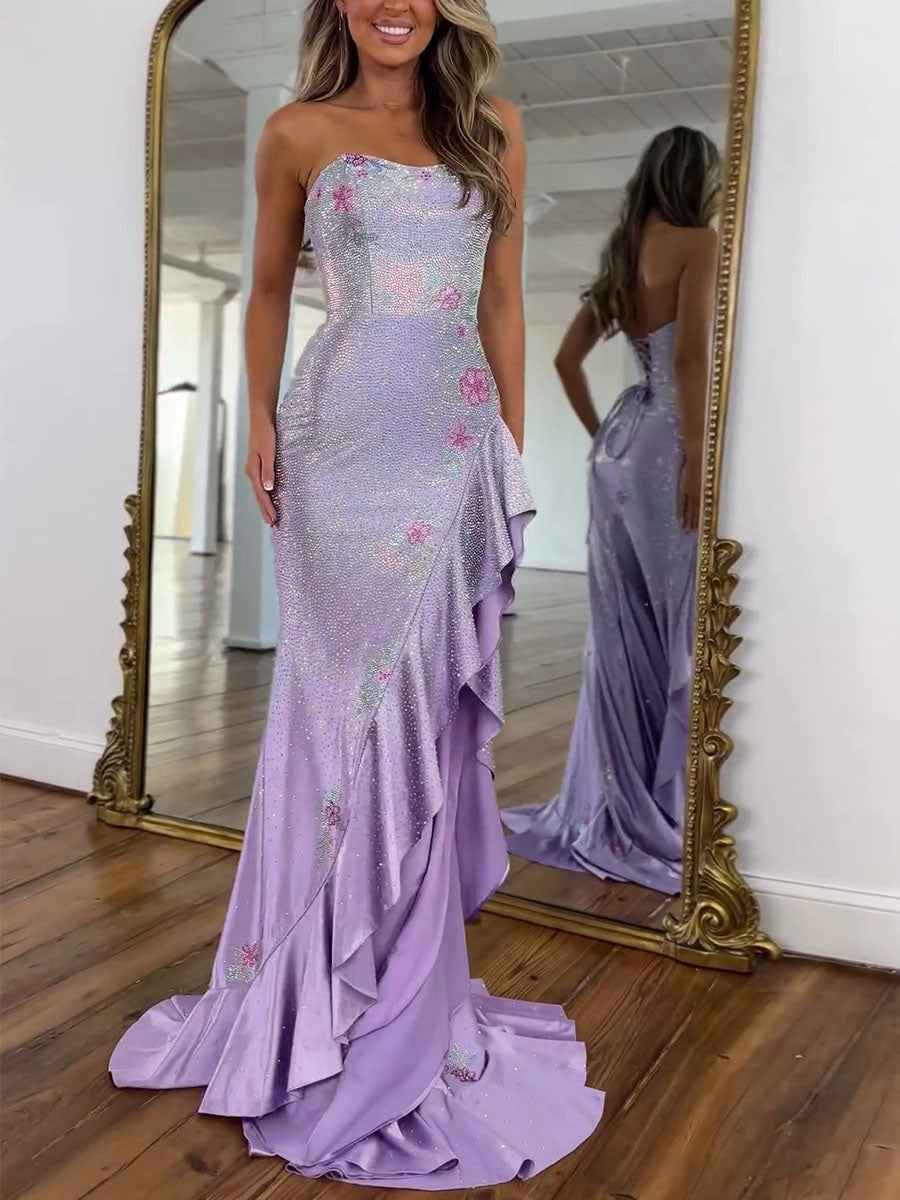 Yellow Strapless Floral Rhinestone Prom Dress with Corset Back