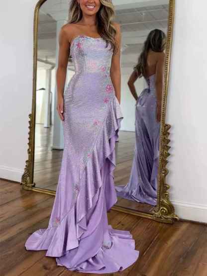 Yellow Strapless Floral Rhinestone Prom Dress with Corset Back