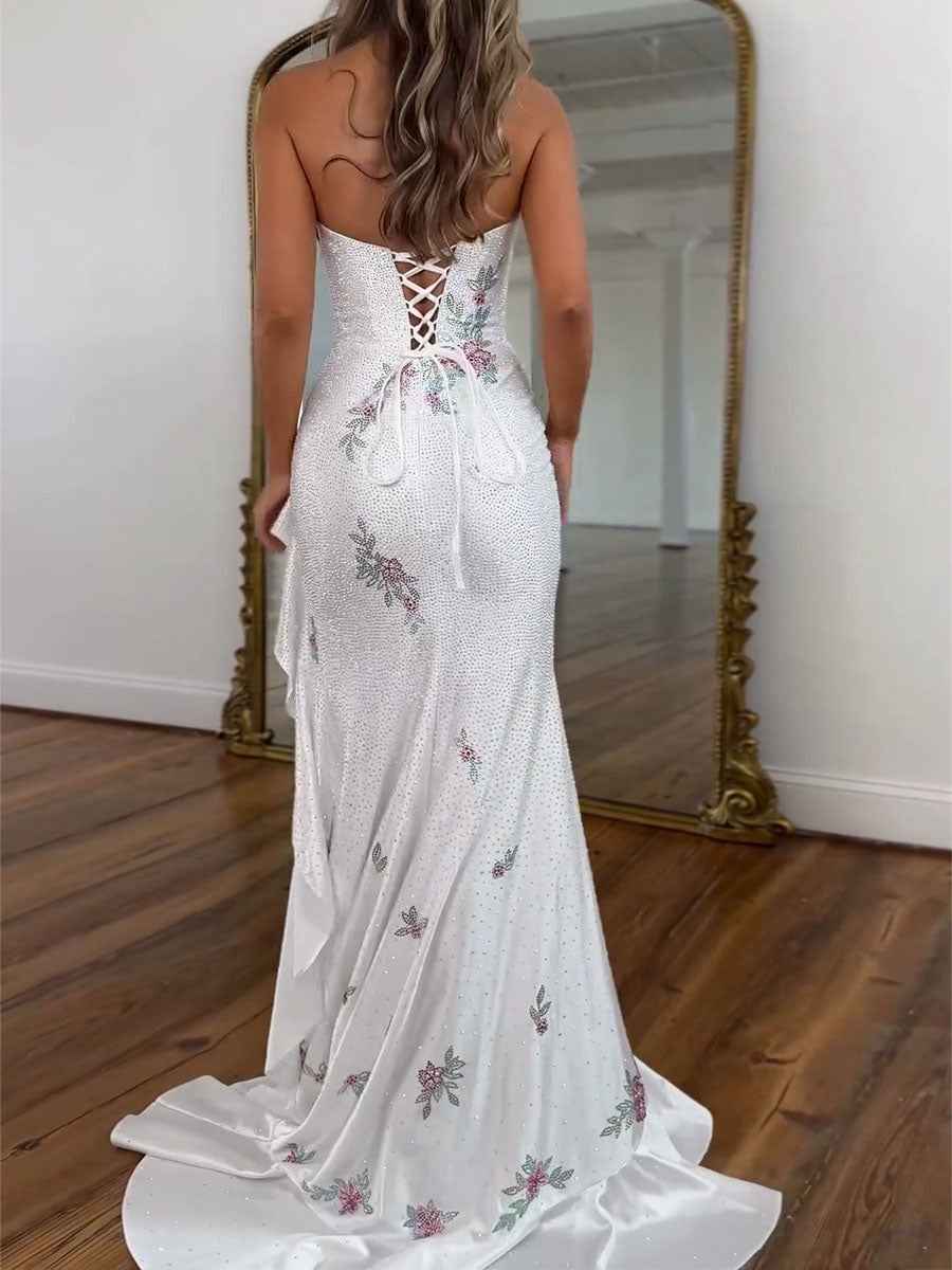 Yellow Strapless Floral Rhinestone Prom Dress with Corset Back