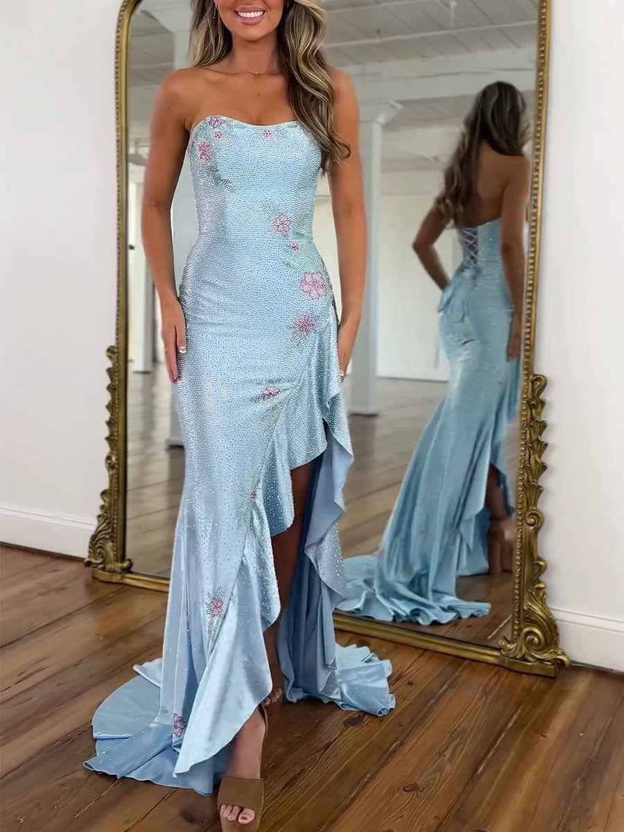 Yellow Strapless Floral Rhinestone Prom Dress with Corset Back - BMBRIDAL