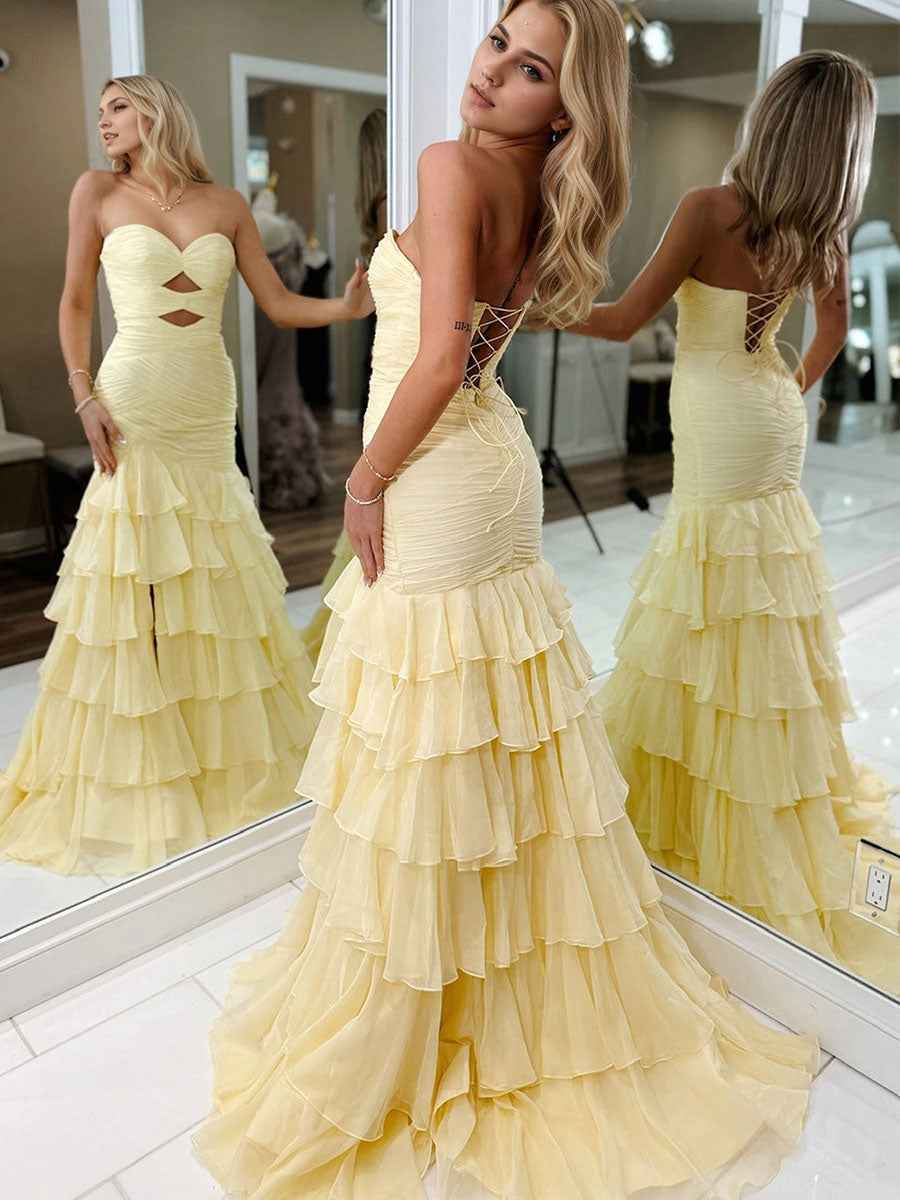 Yellow Strapless Mermaid Cutouts Ruffled Tiered Corset Back Prom Dress with Slit