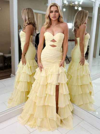 Yellow Strapless Mermaid Cutouts Ruffled Tiered Corset Back Prom Dress with Slit