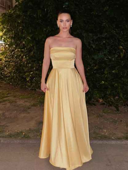 Yellow Strapless Satin A-Line Long Prom Dress
