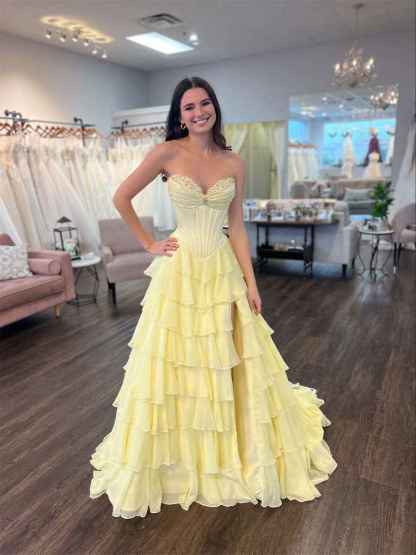 Yellow Strapless Tiered Ruffle Corset Prom Dress with High Slit