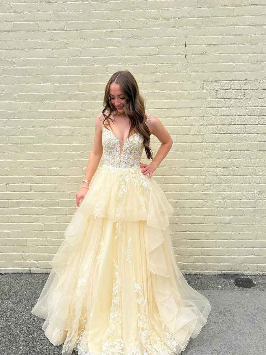 Yellow Tiered Tulle A-Line Long Prom Dress with Floral Lace