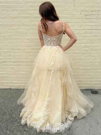 Yellow Tiered Tulle A-Line Long Prom Dress with Floral Lace