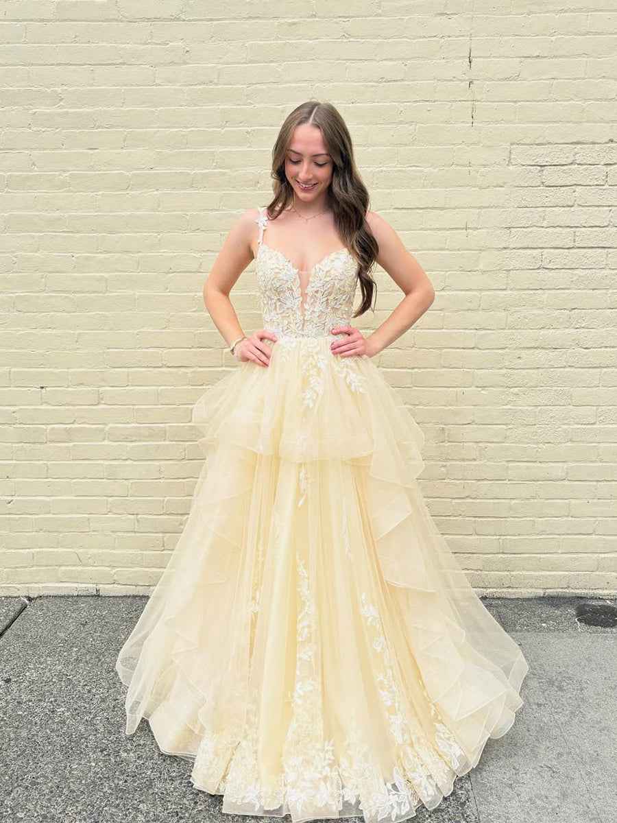 Yellow Tiered Tulle A-Line Long Prom Dress with Floral Lace
