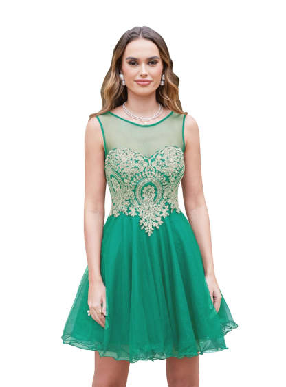 A-line Crew Sleeveless Gold Lace Appliques Knee Length Dress-BMbridal