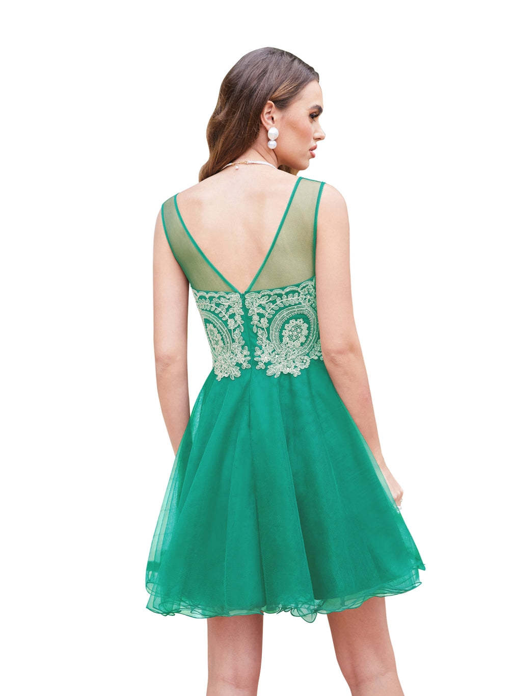 A-line Crew Sleeveless Gold Lace Appliques Knee Length Dress-BMbridal
