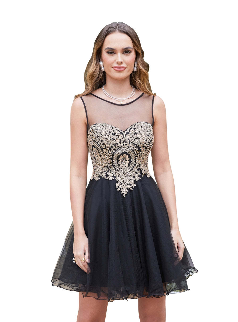 A-line Crew Sleeveless Gold Lace Appliques Knee Length Dress-BMbridal