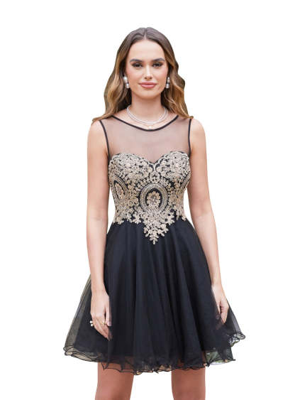 A-line Crew Sleeveless Gold Lace Appliques Knee Length Dress-BMbridal