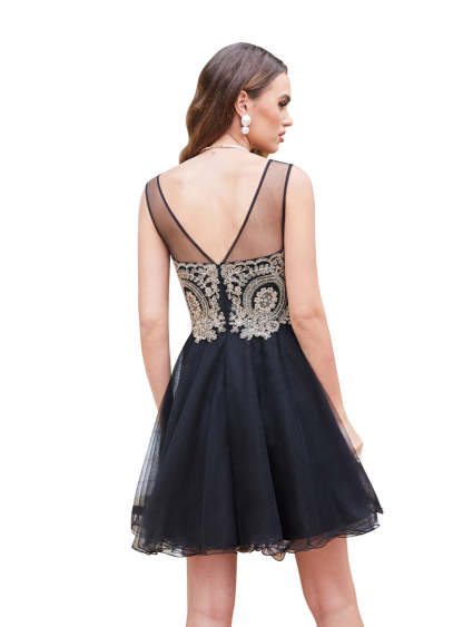 A-line Crew Sleeveless Gold Lace Appliques Knee Length Dress-BMbridal