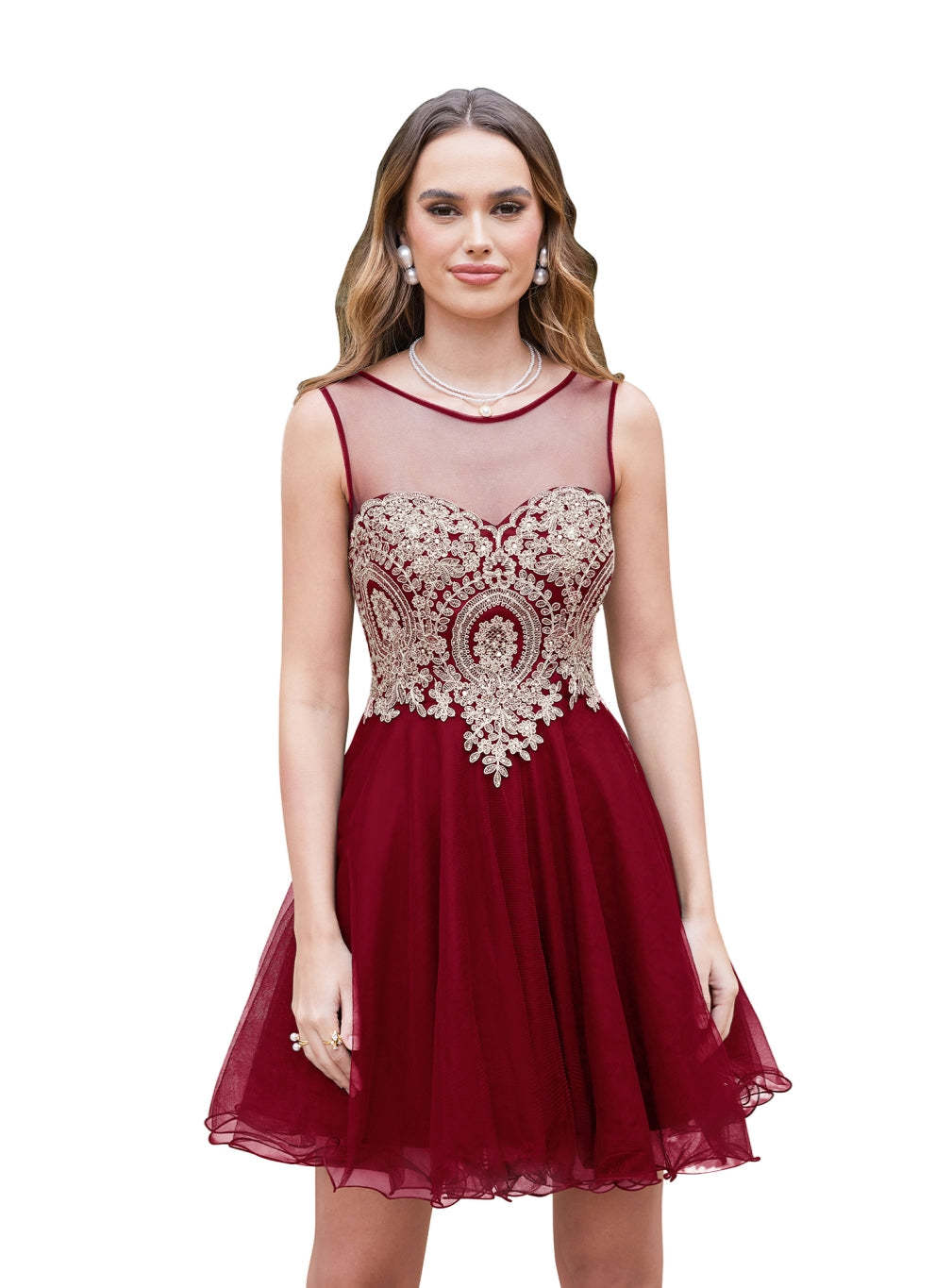 A-line Crew Sleeveless Gold Lace Appliques Knee Length Dress-BMbridal