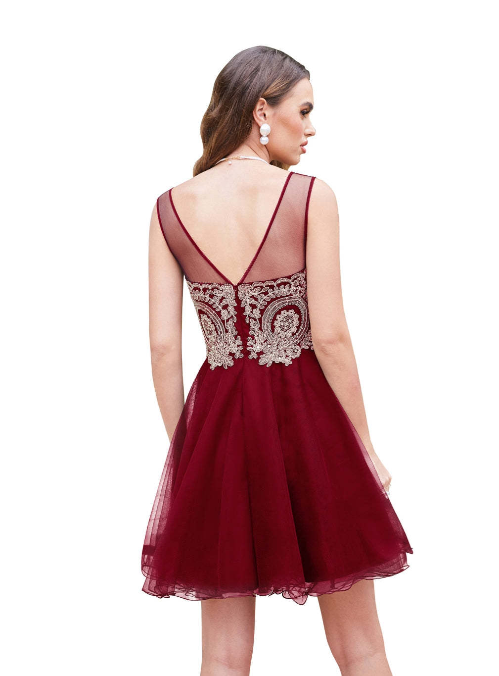 A-line Crew Sleeveless Gold Lace Appliques Knee Length Dress-BMbridal