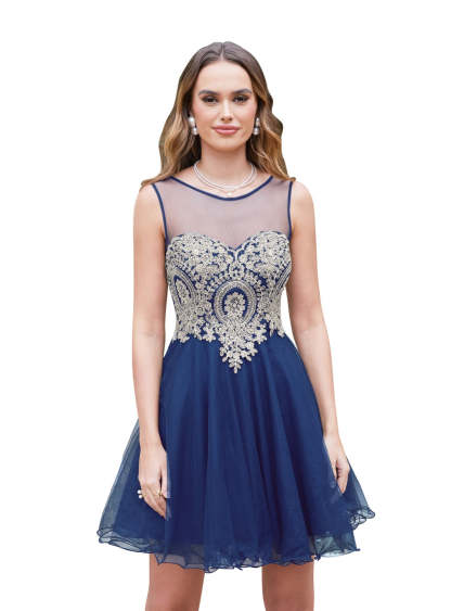 A-line Crew Sleeveless Gold Lace Appliques Knee Length Dress-BMbridal