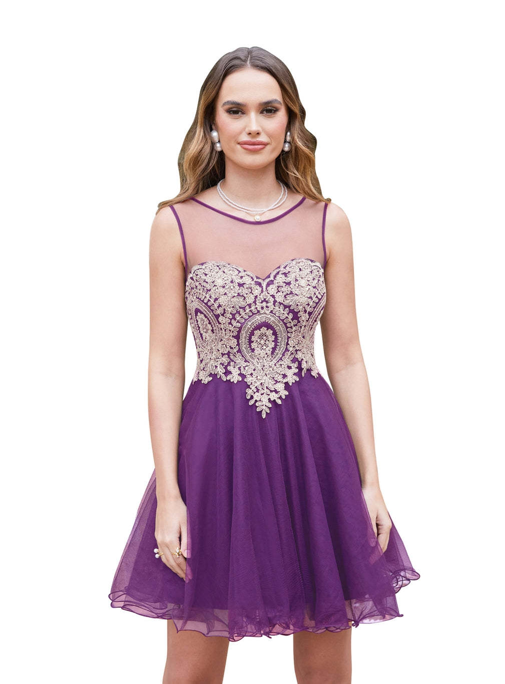 A-line Crew Sleeveless Gold Lace Appliques Knee Length Dress-BMbridal