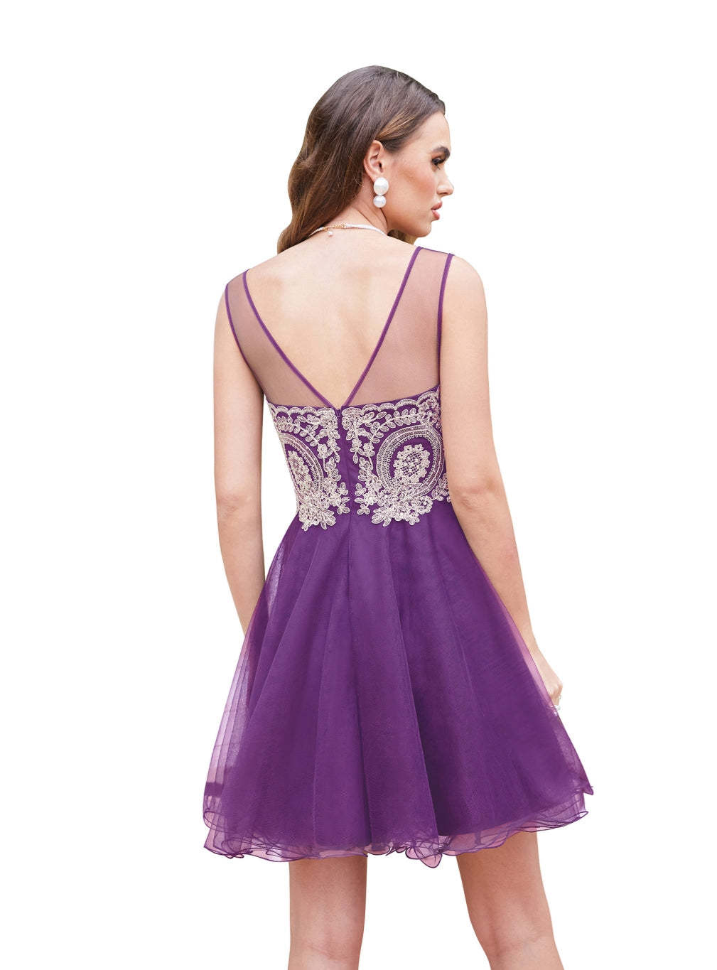 A-line Crew Sleeveless Gold Lace Appliques Knee Length Dress-BMbridal