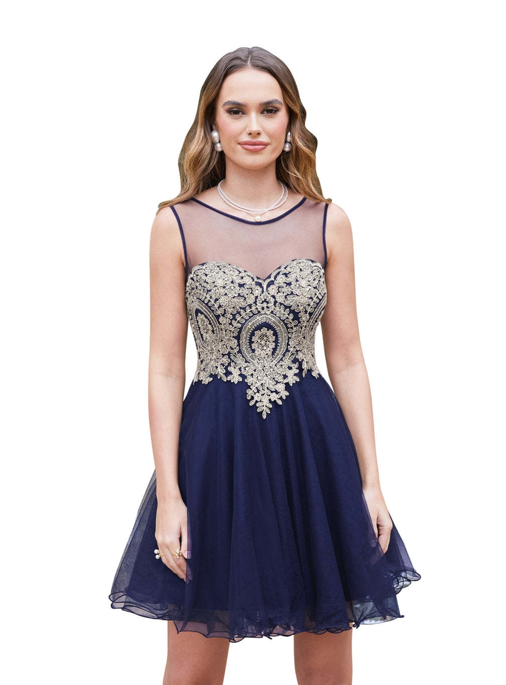 A-line Crew Sleeveless Gold Lace Appliques Knee Length Dress-BMbridal