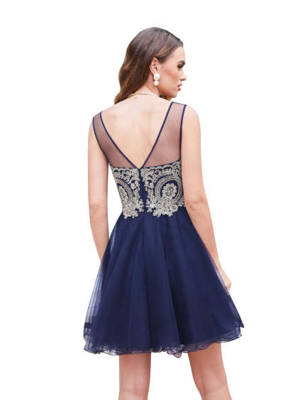 A-line Crew Sleeveless Gold Lace Appliques Knee Length Dress-BMbridal