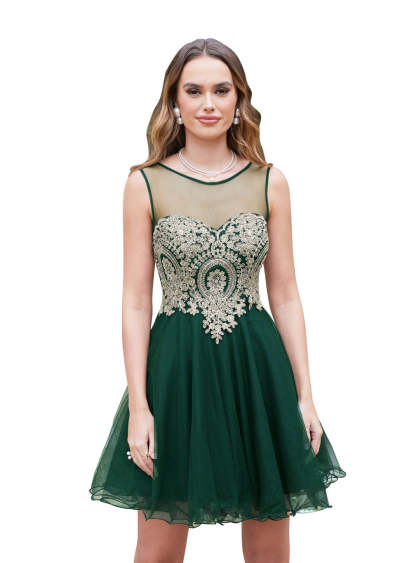A-line Crew Sleeveless Gold Lace Appliques Knee Length Dress-BMbridal