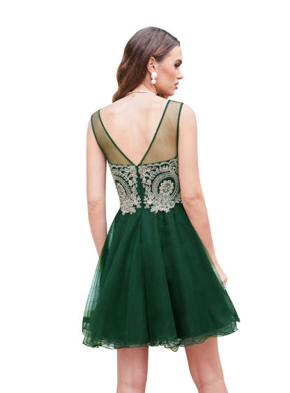 A-line Crew Sleeveless Gold Lace Appliques Knee Length Dress-BMbridal
