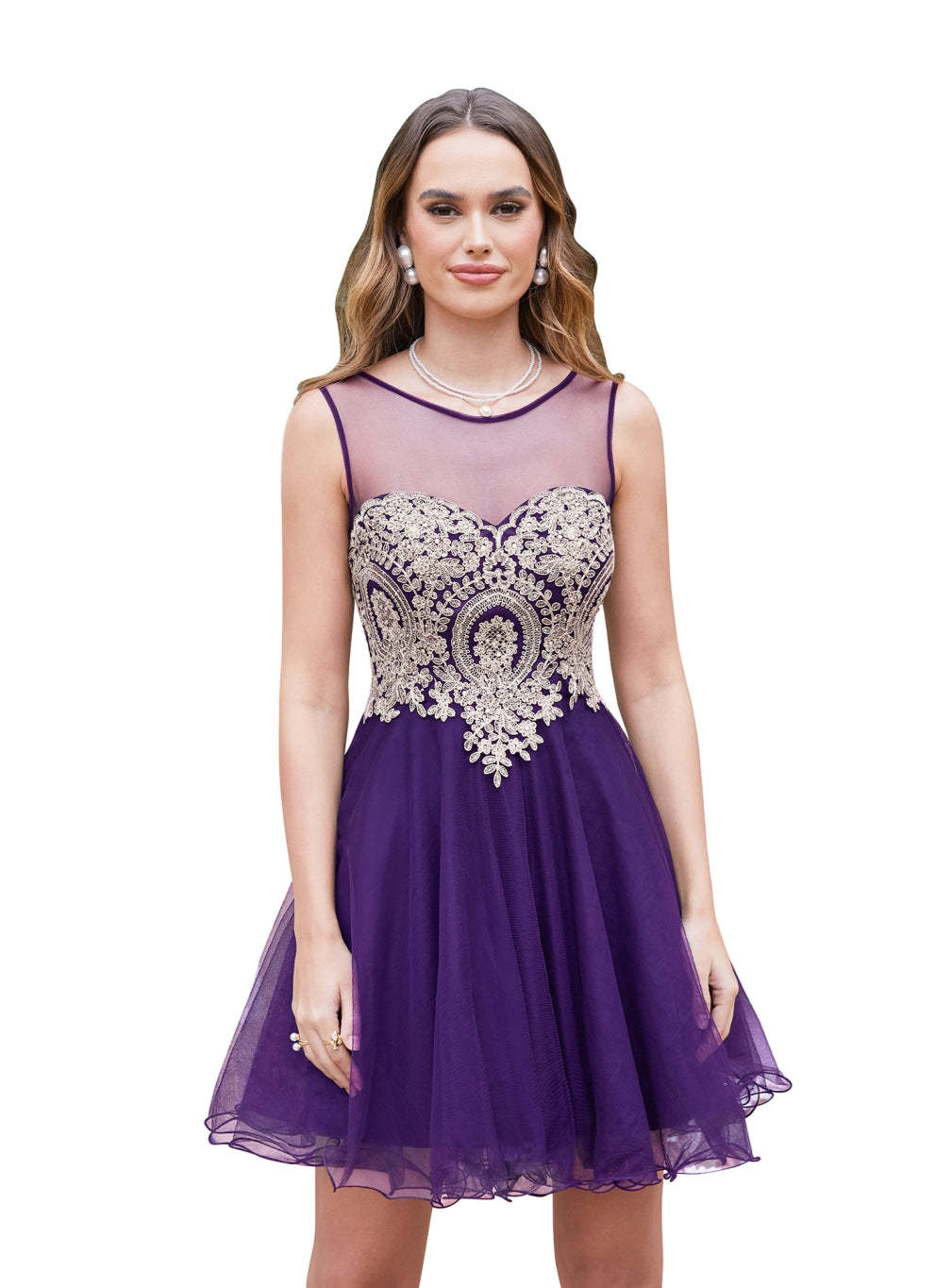A-line Crew Sleeveless Gold Lace Appliques Knee Length Dress-BMbridal