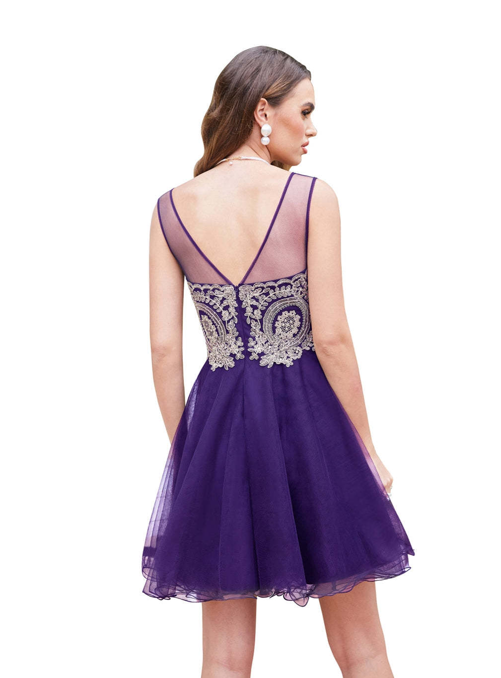 A-line Crew Sleeveless Gold Lace Appliques Knee Length Dress-BMbridal