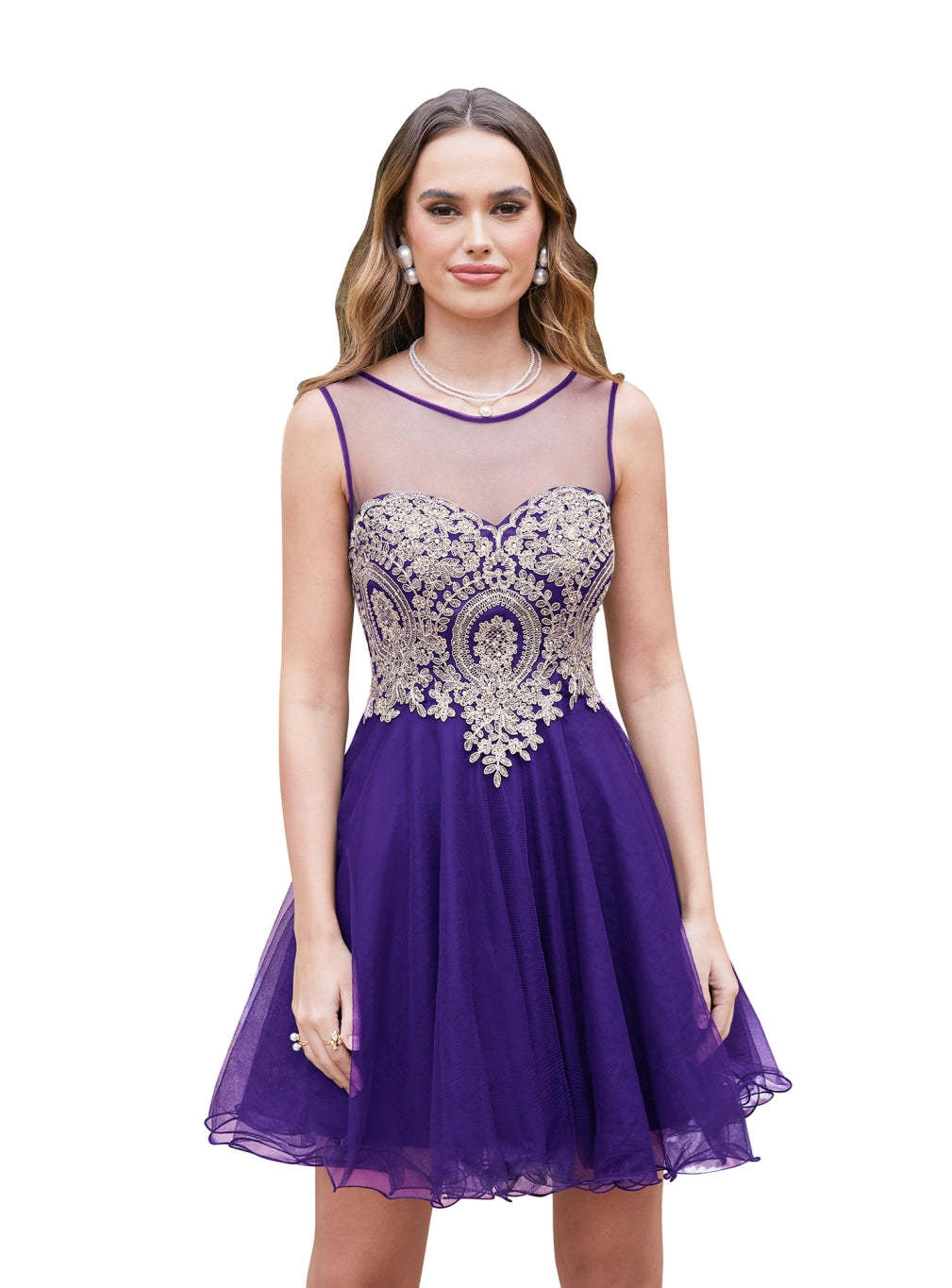 A-line Crew Sleeveless Gold Lace Appliques Knee Length Dress-BMbridal