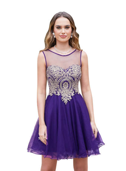 A-line Crew Sleeveless Gold Lace Appliques Knee Length Dress-BMbridal